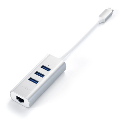 Satechi Type-C 2-in-1 USB 3.0 Aluminum 3 Port Hub and Ethernet Port - Silver