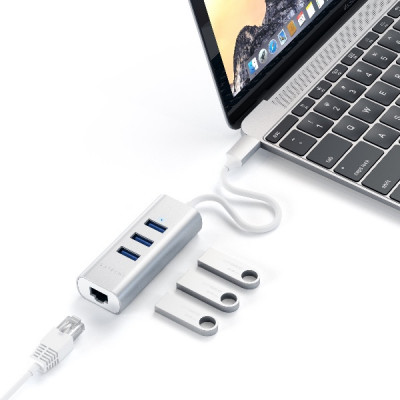 Satechi Type-C 2-in-1 USB 3.0 Aluminum 3 Port Hub and Ethernet Port - Silver